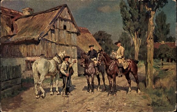 Künstler Ak Velten, W., Bauer im Gespräch mit zwei Herren, Pferde