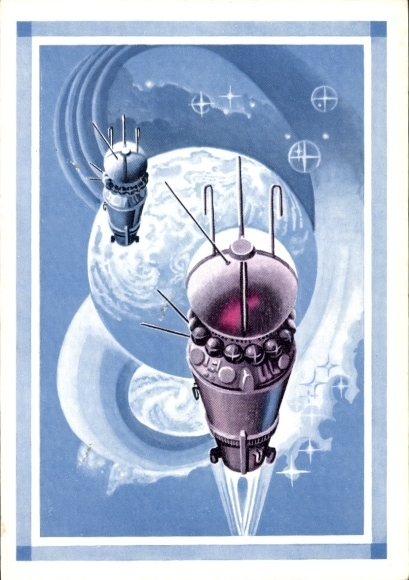 Künstler Ak Strelnikov, 25. Jahrestag des ersten Flugs mit dem Raumschiff Wostok-3 und 4