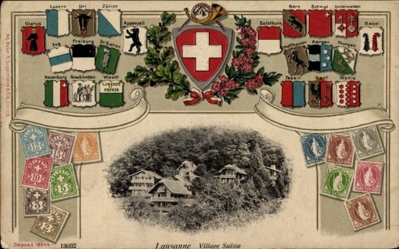 Präge Wappen Briefmarken Passepartout Ak Lausanne Kanton Waadt, Schweizer Dorf