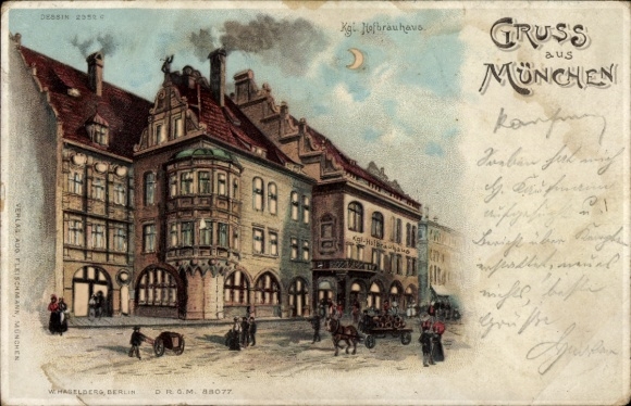 Halt gegen das Licht Mondschein Litho München, Königliches Hofbräuhaus
