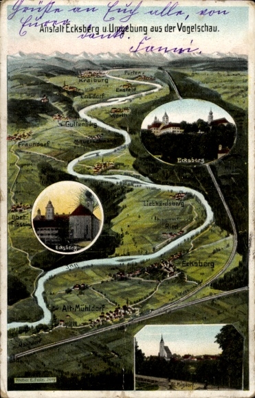 Landkarten Ak Felle, Eugen, Mühldorf am Inn Oberbayern, Anstalt Ecksberg, Umgebung, Vogelschau