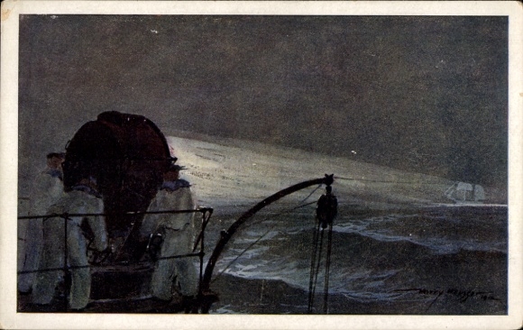 Künstler Ak Heusser, Harry, Absuchen der See mit dem Scheinwerfer, Österreichische Seeleute