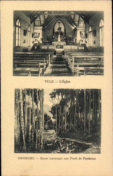 Ak Ononghe Papua-Neuguinea, Die Kirche, Straße durch einen Pandanus-Wald