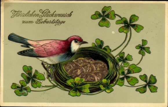 Präge Ak Glückwunsch Geburtstag, Vogel, Nest mit Münzen, Glücksklee