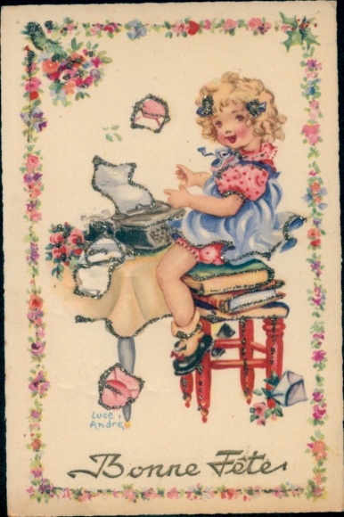 Glitzer Künstler Ak Andre, L., Glückwunsch, Mädchen, Schreibmaschine, Brief