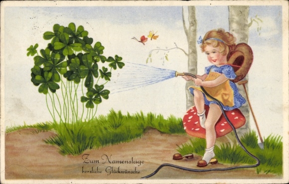 Ak Glückwunsch Namenstag, Mädchen gießt Kleeblätter