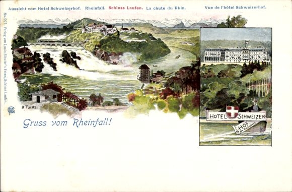 Künstler Ak Fuchs, Karl, Rheinfall Kanton Schaffhausen, Hotel Schweizerhof, Schloss Laufen