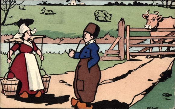 Künstler Ak Paar in Niederländischen Trachten, Kuh