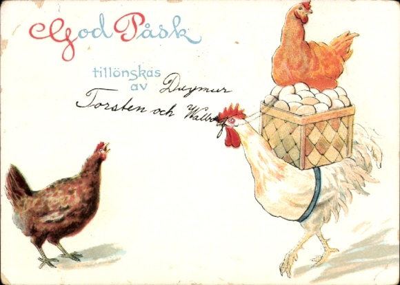 Künstler Ak Nyström, Jenny, Frohe Ostern, Hahn trägt Korb mit Eiern auf dem Rücken, Hennen