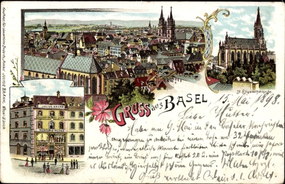 Litho Bâle Basel Stadt Schweiz, Gesamtansicht, St. Elisabethenkirche, Geschäftshaus Julius Brann