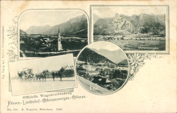Ak Oberammergau in Oberbayern, Wagenverbindung Füssen - Linderhof - Oberau, Ettal, Pferdekutsche