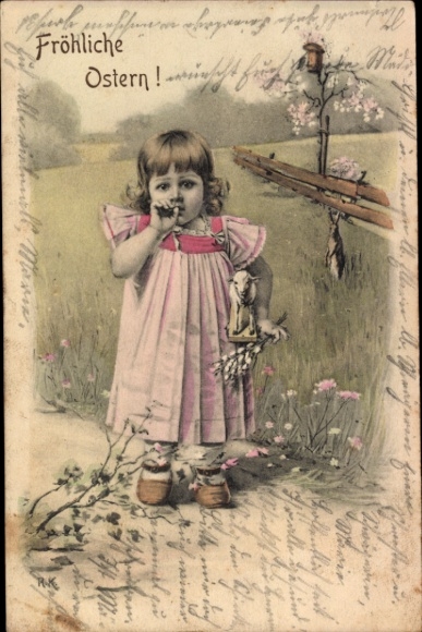 Litho Fröhliche Ostern, Mädchen mit Lammspielzeug und Weidenkätzchen