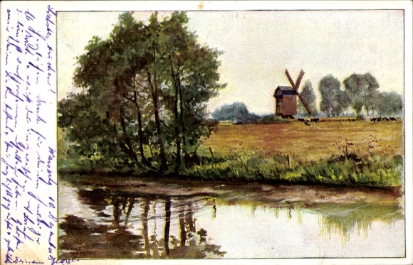 Künstler Ak Voss, Landschaft, Windmühle