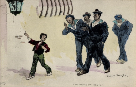 Judaika Künstler Ak Pezilla, Mario, Junge führt Matrosen zu einem jüdischen Bordell