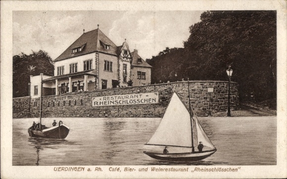 Ak Uerdingen Krefeld am Niederrhein, Restaurant Rheinschlösschen,  Boote auf dem Wasser