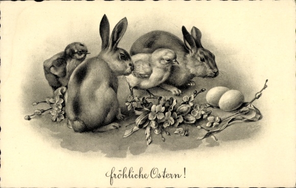 Künstler Ak Glückwunsch Ostern, Osterhasen, Küken, Ostereier