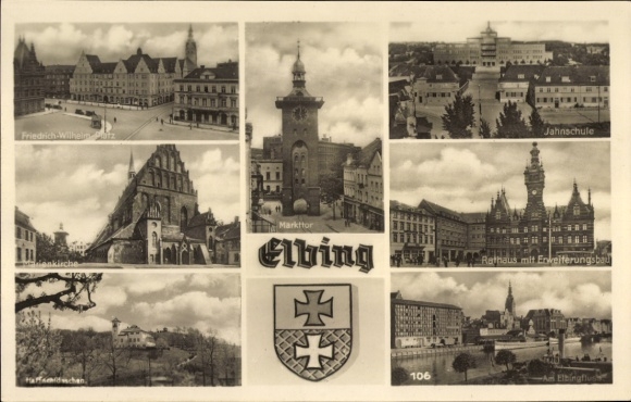 Ak Elbląg Elbing Westpreußen, Friedrich-Wilhelm Pitz, Jahnschule, Markttor, Rathaus mit Enkelteru