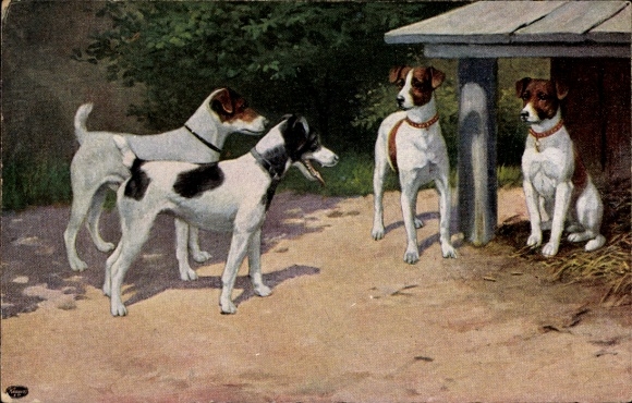 Ak Vier Terrier vor einer Holzhütte, Halsband, Stroh