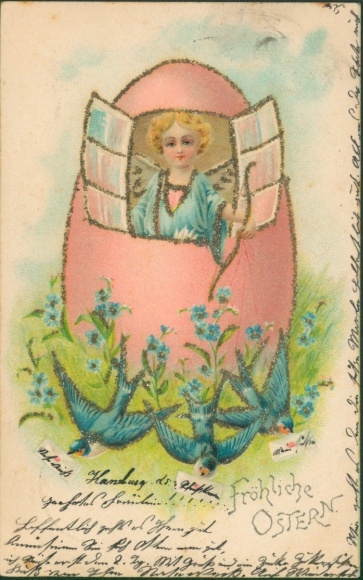 Glitzer Ak Glückwunsch Ostern, Osterei, Engel, Schwalben