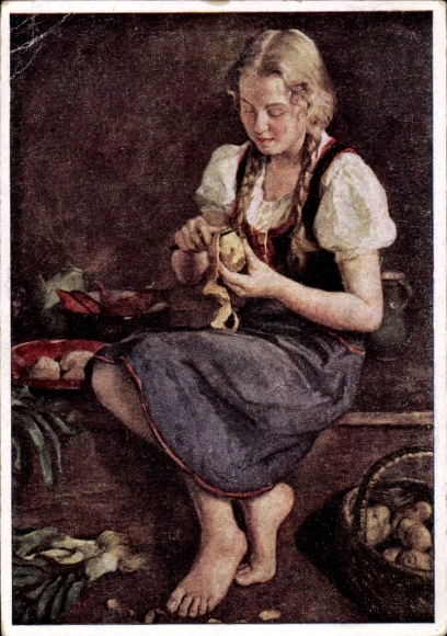 Künstler Ak Hempfing, Wilhelm, Mädchen mit Küchenstilleben, HDK 215