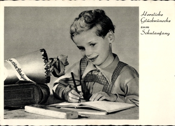 Ak Glückwunsch Schulanfang, Kind mit Zuckertüte