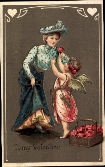 Ak Valentinstag, junge Frau, Amor, Rosen