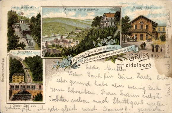 Litho Heidelberg am Neckar, Molkenkur, Station Schloss, Bergbahn