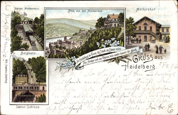 Litho Heidelberg am Neckar, Ansichten der Molkenkur, Station, Bergbahn
