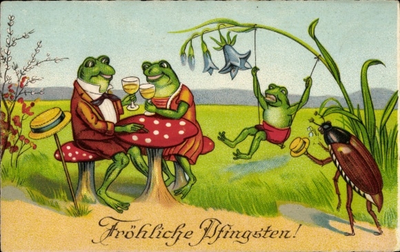 Litho Frohe Pfingsten, Frösche trinken Maibowle, Schaukel, Maikäfer