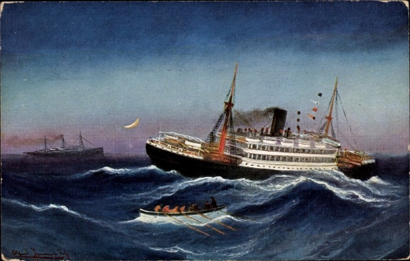 Künstler Ak Dampfschiff auf Hochsee, Rettungsboot, Schraubenwelle gebrochen