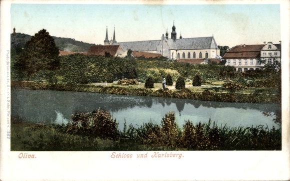Ak Oliva Gdańsk Danzig, Schloss und Karlsberg,  Landschaft mit Wasser, Bäume, Gebäude