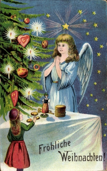 Präge Ak Frohe Weihnachten, Engel, Tannenbaum, kleines Mädchen