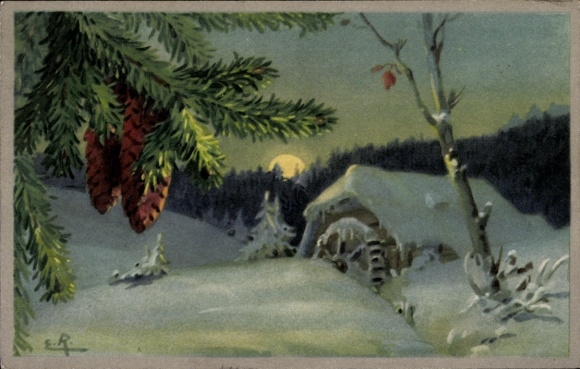 Künstler Ak Winterlandschaft bei Nacht, Wassermühle