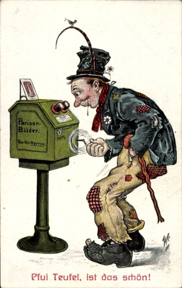 Künstler Ak Scheuermann, Willi, Pfui Teufel, ist das schön, Erot. Bilderkasten