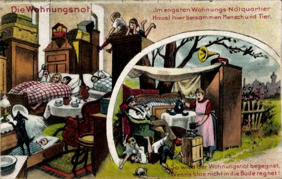 Ak Die Wohnungsnot, Notquartier, haust hier beisammen Mensch und Tier, Grammophon