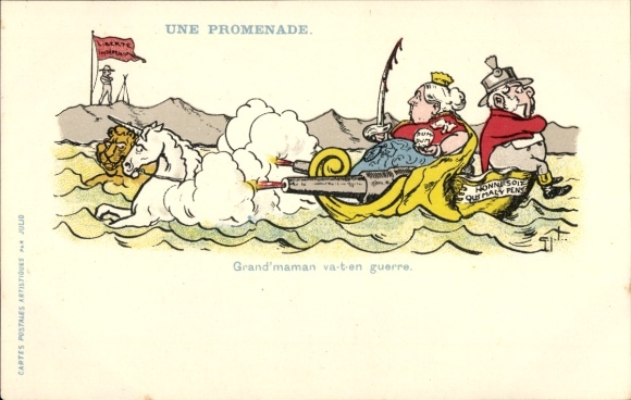 Ak Vergnügungsreise, Großmama zieht in den Krieg, Burenkrieg, Karikatur Königin Victoria, John Bull