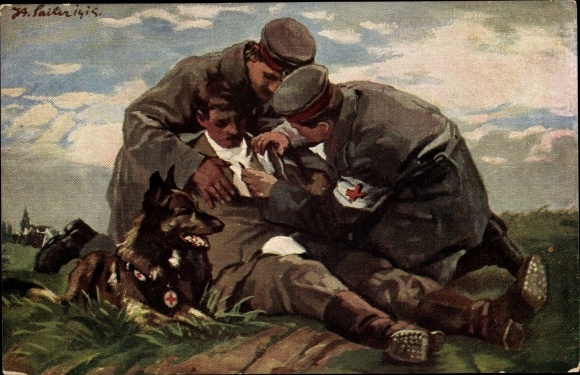 Künstler Ak Sailer, Der Sanitätshund im Felde, Verwundeter wird verbunden, Rotes Kreuz