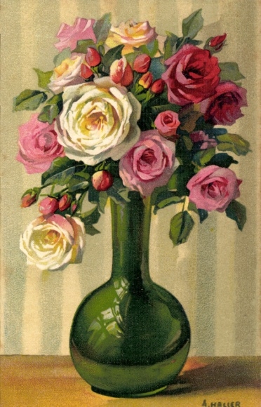 Künstler Ak Haller, A., Rosen in einer grünen Blumenvase
