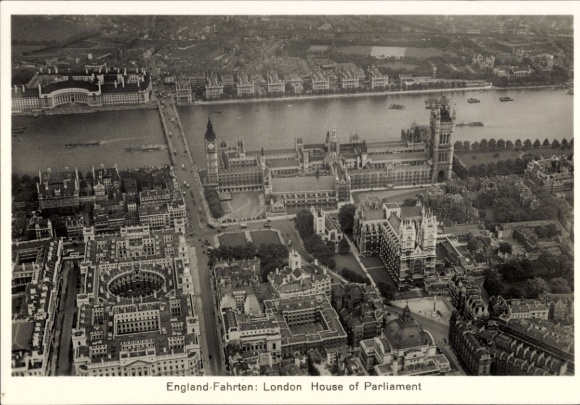 Ak Westminster London City, Luftaufnahme des Parlamentsgebäudes, Themse, Stadtansicht