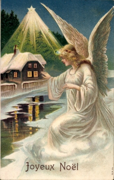 Ak Glückwunsch Weihnachten, Engel, Haus, Fluss