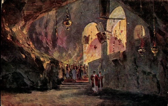 Ak Jerusalem Israel, Kreuzfindungskapelle, Menschenmenge, religiöse Symbole, Innenansicht