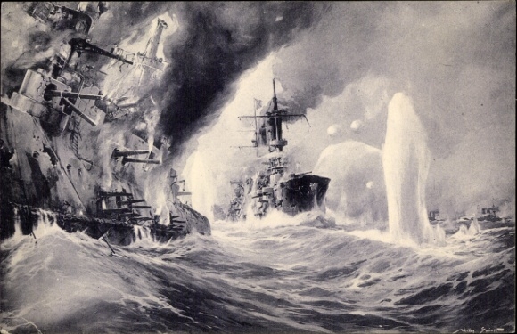 Künstler Ak Stöwer, W., Vernichtung russischer Kriegsschiffe