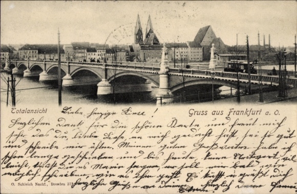 Ak Frankfurt an der Oder, Totalansicht, Gruss aus  Brücke, Stadtansicht, Fluss