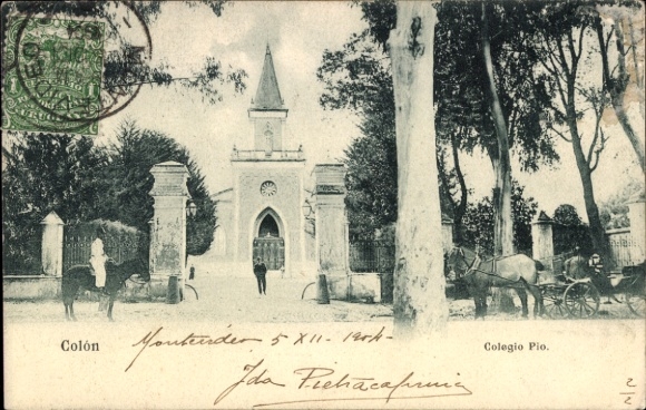 Ak Colón Panama, Eingang zum Colegio Pio, Pferdewagen, Bäume, Colón