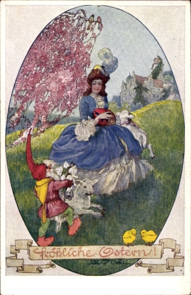 Passepartout Künstler Ak Welzl, Frohe Ostern, Zwerg, Lamm, Dame in Kleid