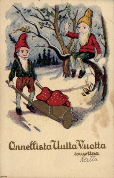 Ak Zwerge, Schubkarre, Pilze, Winter