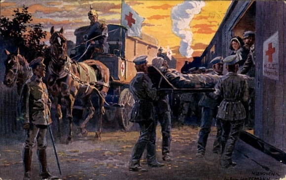 Künstler Ak Hoffmann, Anton, Rotes Kreuz 1914, Sanitäter, verwundeter Soldat auf einer Trage