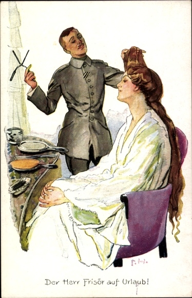 Künstler Ak Der Herr Frisör auf Urlaub, Soldat frisiert seine Liebste