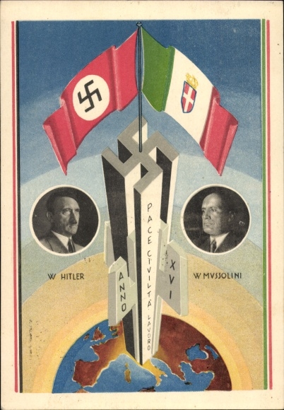 Ak Adolf Hitler, Benito Mussolini, Achse Berlin Rom, Weltkugel, Fahnen ...