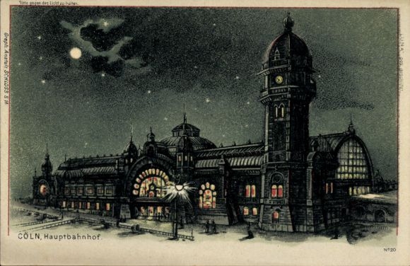 Halt gegen das Licht Mondschein Litho  Köln am Rhein, Hauptbahnhof